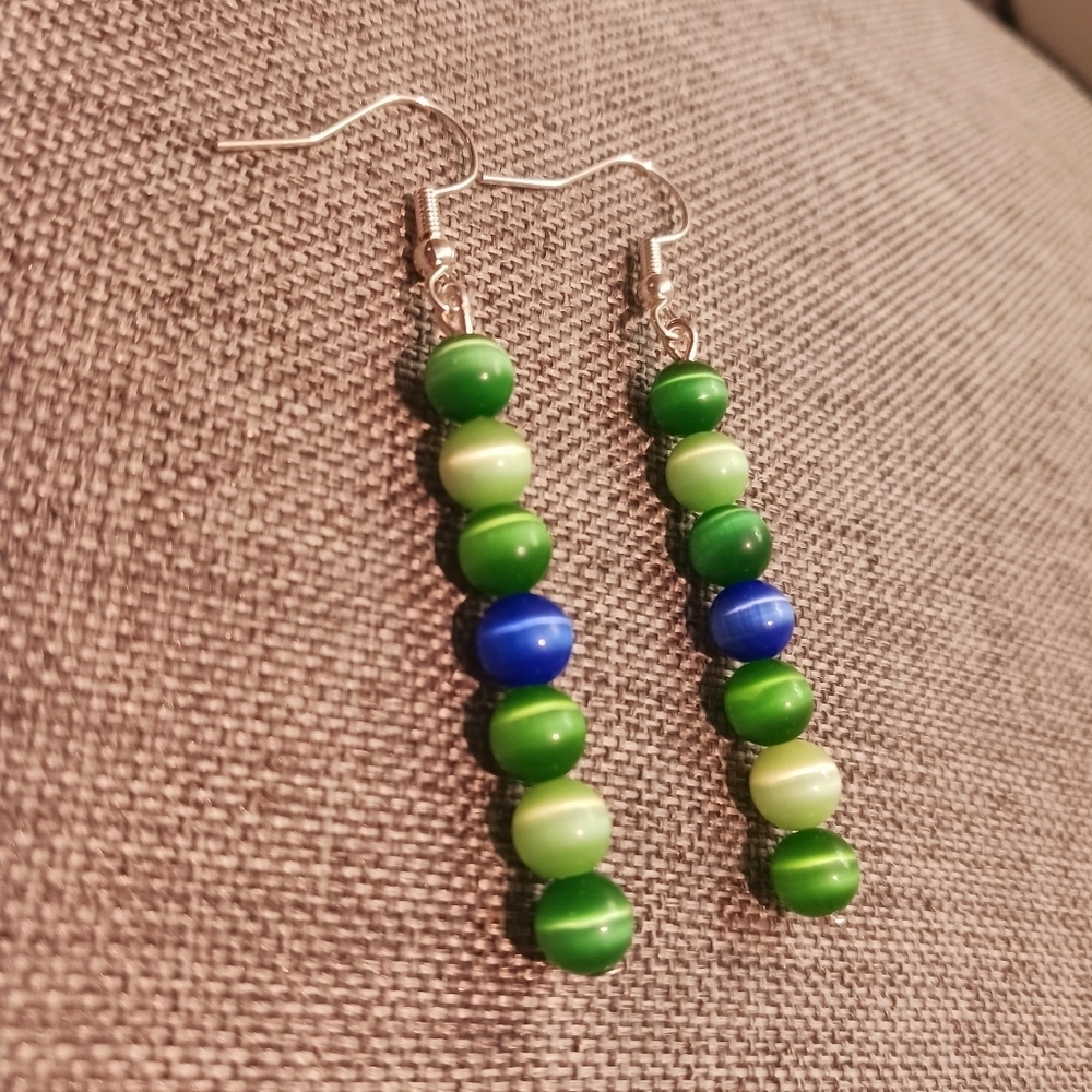Dark Green and Blue Earrings Cats Eye Glass Beads Y2K Retro - New Item (2")